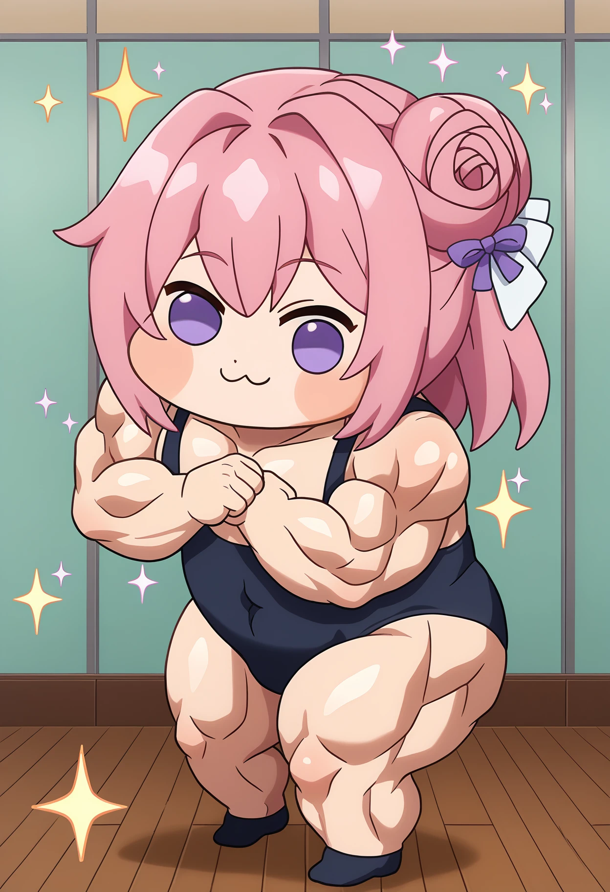 <lora:doro_xypher_amxl_v1:1> solo, doro \:3, chibi, solid circle eyes, no pupils, no humans, white skin, creature
, pink hair, purple eyes, single side bun, hair bow
, masterpiece, best quality, very aesthetic, absurdres
, muscular, hypermuscular, bodybuilder, sparkle