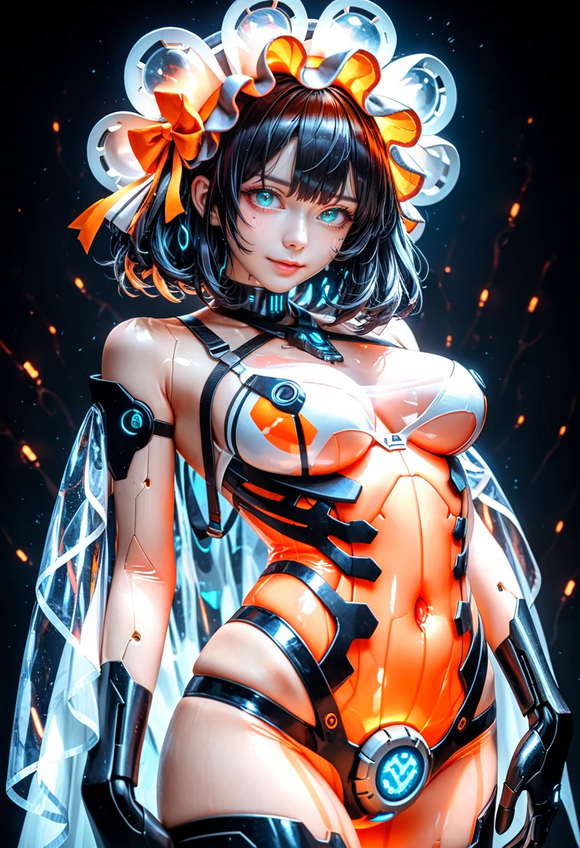 masterpiece, best quality, amazing quality, very aesthetic, absurdres, year 2023, onineko, tianliang duohe fangdongye, wlop, ciloranko, ask \(askzy\), miv4t, 1girl, android, aqua eyes, black hair, bone, glowing, gradient background, looking at viewer, mechabare, mechanical spine, medium hair, ribs, robot, science fiction, see-through body, skeletal body,, solo, spine, translucent, transparent, mecha bonnet , breasts, adult, mature