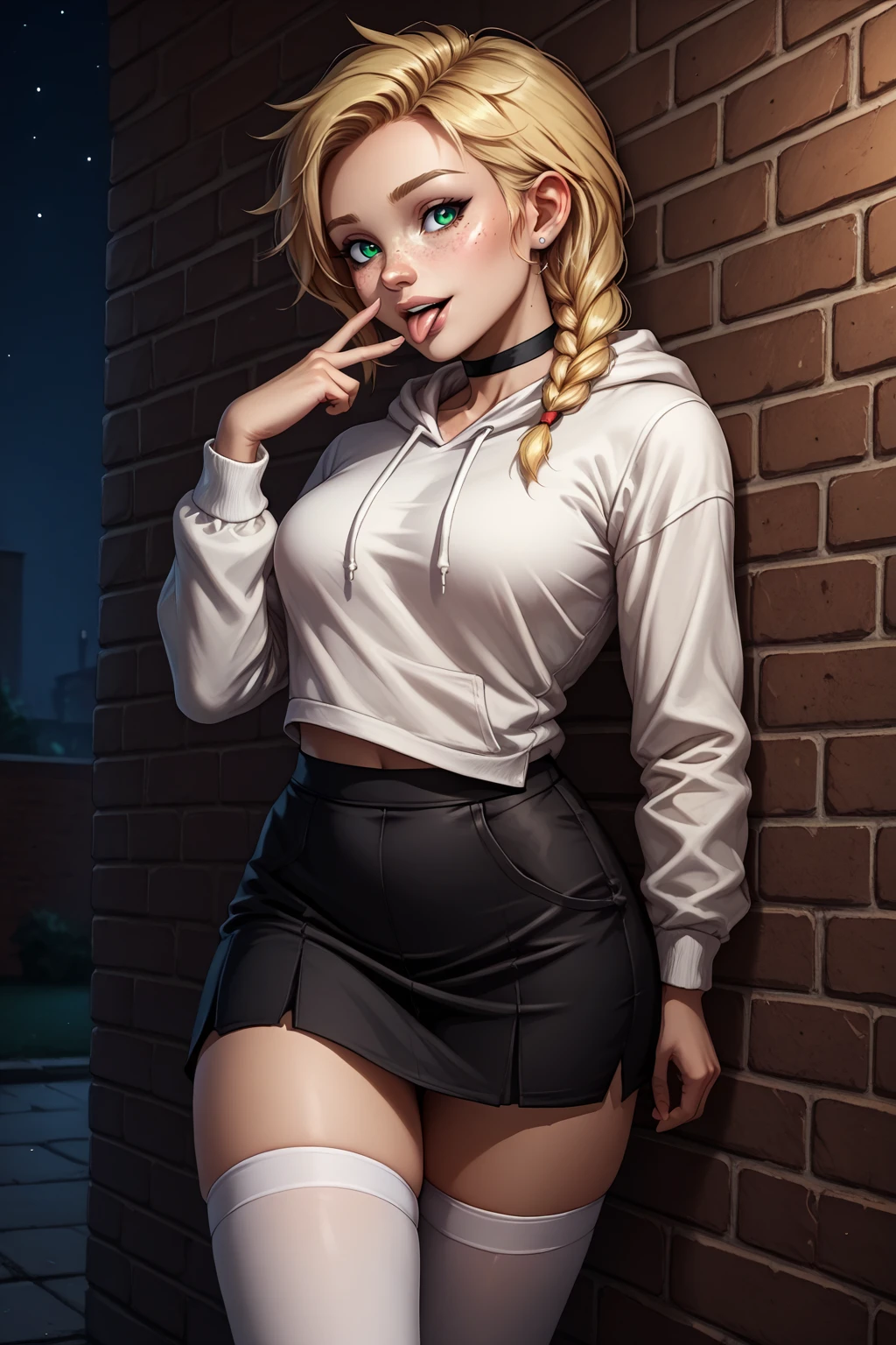 score_9, score_8_up, 1girl, solo, <lora:NSEmilyPortia:1> NSEmilyPortia, green eyes, blonde hair, single braid, long hair, stud earrings, freckles, white hoodie, black choker, tongue out, playful, black skirt, white thighhighs, allayway, leaning back, brick wall, cowboy shot, standing, licking own finger, night, dark