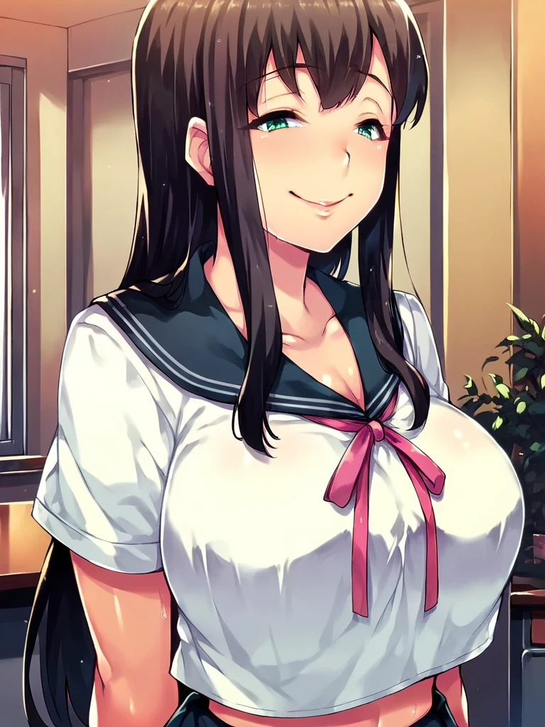 score_9, score_8_up, score_7_up, 
1girl, 

hatsufuji shizuku, long hair, black hair, green eyes, large breasts,
standing, indoors, smile, closed mouth, narrowed eyes, naughty face, upper body, 
serafuku, school uniform, neck ribbon, pink ribbon, 