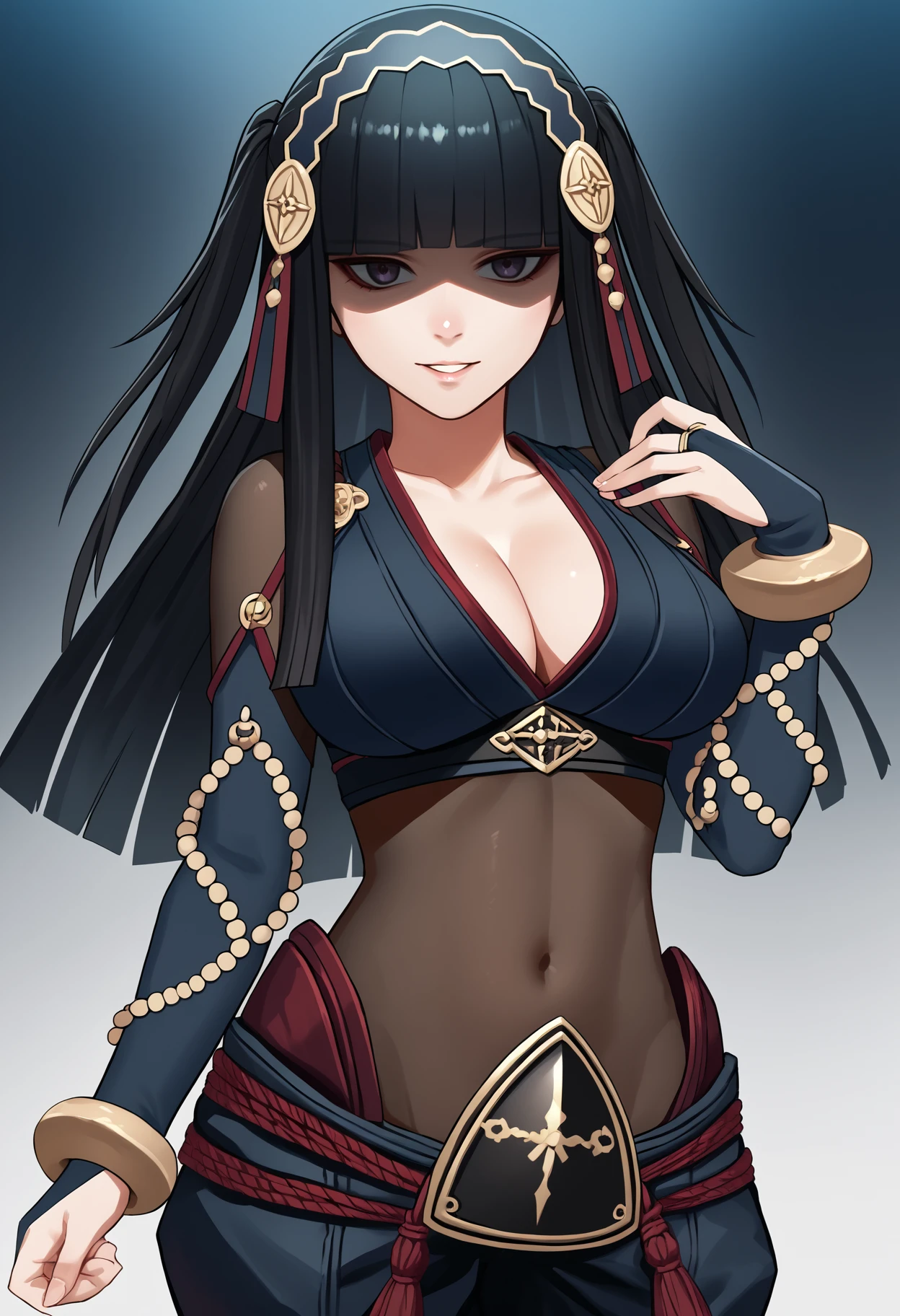 score_9, score_8_up, score_7_up, source_anime BREAK 1girl, solo, standing, <lora:rhajat-fe-richy-v1_pdxl:1> rhjt, black hair, long hair, two side up, blunt bangs, hair ornament, hairband, large breasts, cleavage, bodystocking, jewelry, bridal gauntlets, bracelet, covered navel, rope belt, pants, clothing cutout, shaded face, smile, parted lips, looking at viewer