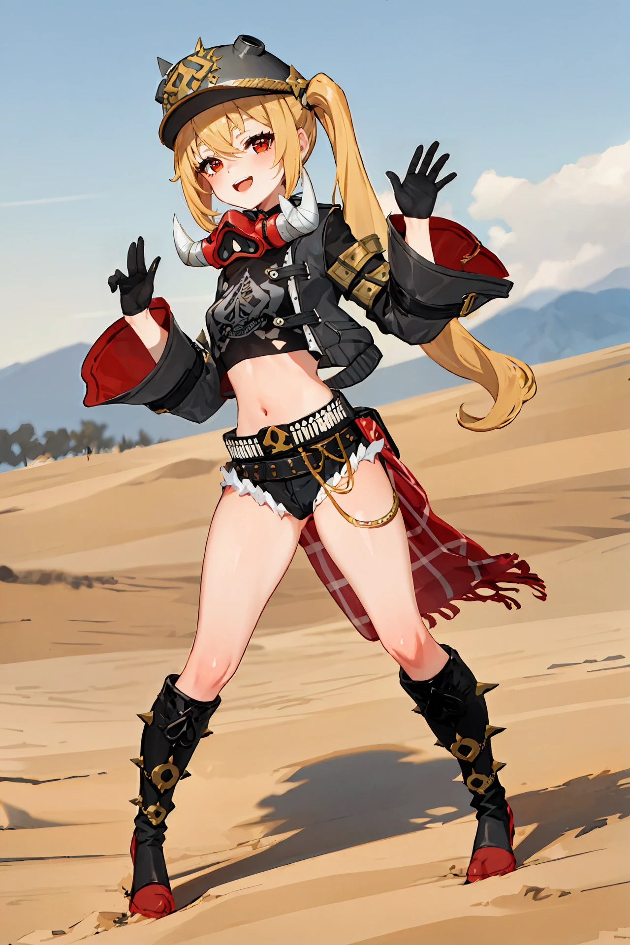 1girl, luciana de montefio, side ponytail, black helmet, cutoffs, half gloves, high belt, cropped jacket, mask around neck, black camisole, sarong, looking at viewer, smiling, open mouth, desert, outdoors, depth of field, legs apart, waving, full body,  knee boots, red socks