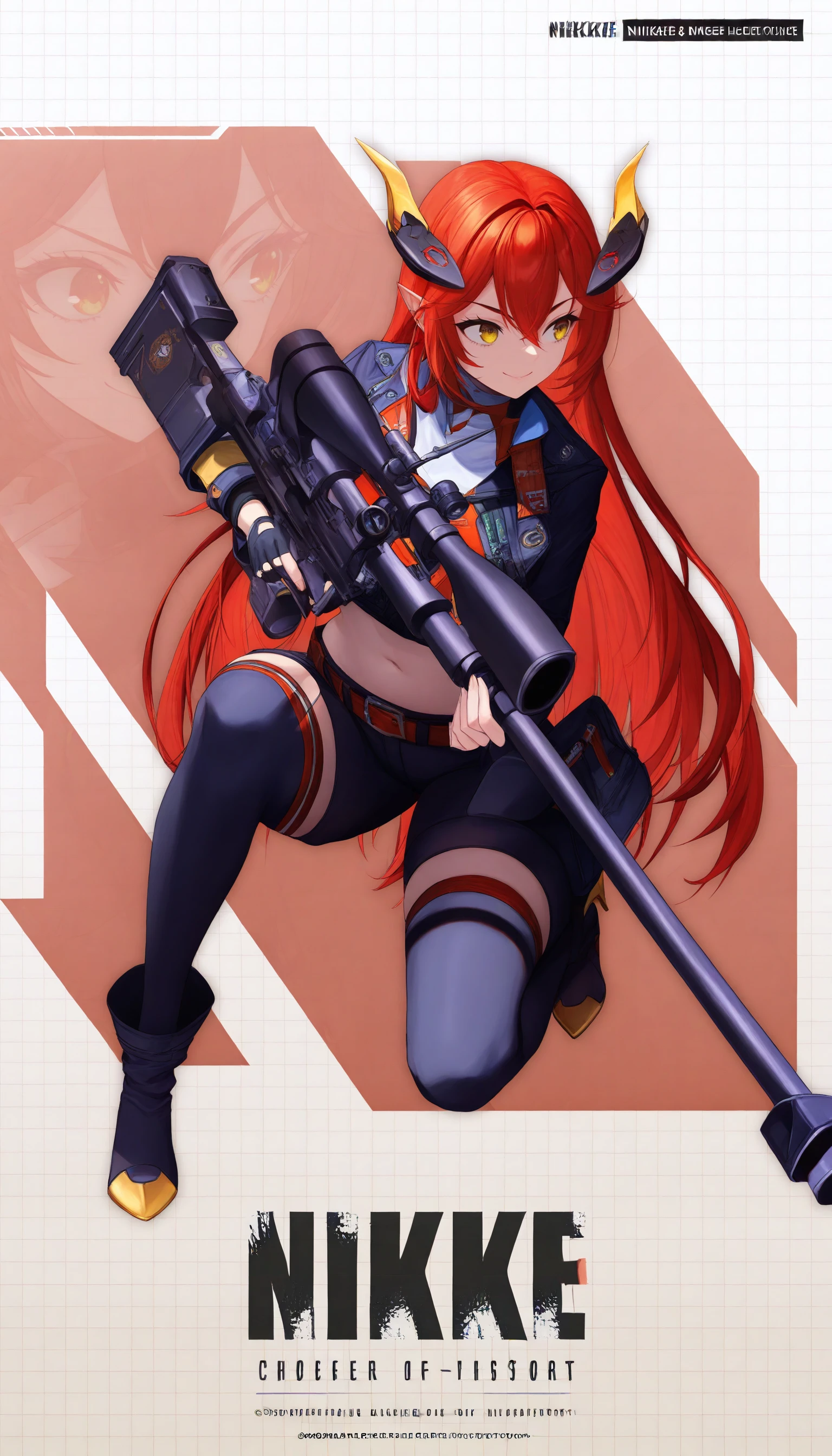 masterpiece, best quality, 1girl, <lora:NikkeProfile_illusXL_Incrs_v1.1:1>, NikkeProfile, full body, checkered background, zoom layer, copyright name, character name, english text, logo, holding weapon, holding gun, sniper rifle, on one knee, looking to the side, red hair, navel, yellow eyes, high heels, hair between eyes, midriff, black gloves, fingerless gloves, bangs, cropped jacket, pointy ears, long sleeves, smile, black pants, looking at viewer, belt, scope, horns, thighhighs, boots, crop top, anti-materiel rifle, headgear