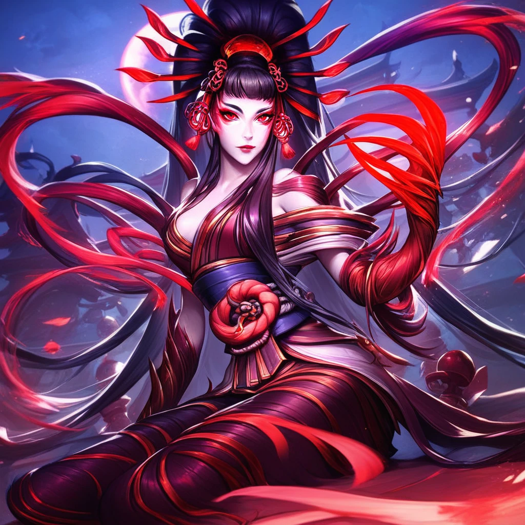 score_9, score_8_up, score_7_up, <lora:Bloodmoon:1> bloodmoonskin, bloodmoonzyra, 1 girl, black hair, hair ornament, sitting, long hair, night, solo, red eyes, looking at viewer, claws, breasts, red lips, pale skin, wariza, bloodmoonskinsplash,