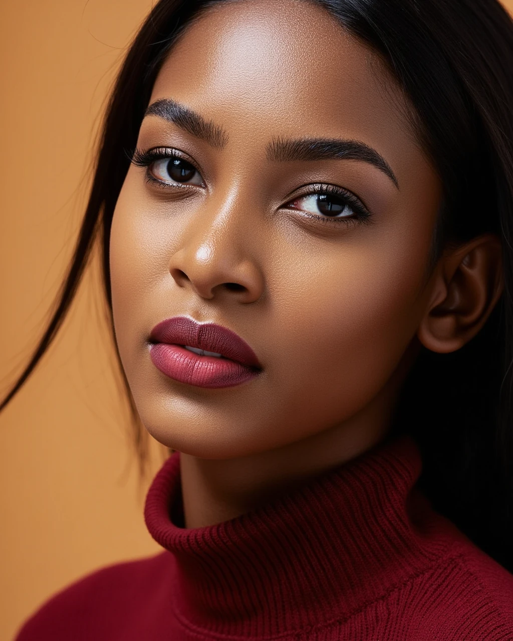 black woman,college freshman, close up portrait photo, wearing a dark red sweater ChinFixer-2000 style , outdoor bright sunlight, flat tan background, close up on chin<lora:Flux\chinfixer-2000.safetensors:1.0:1.0>