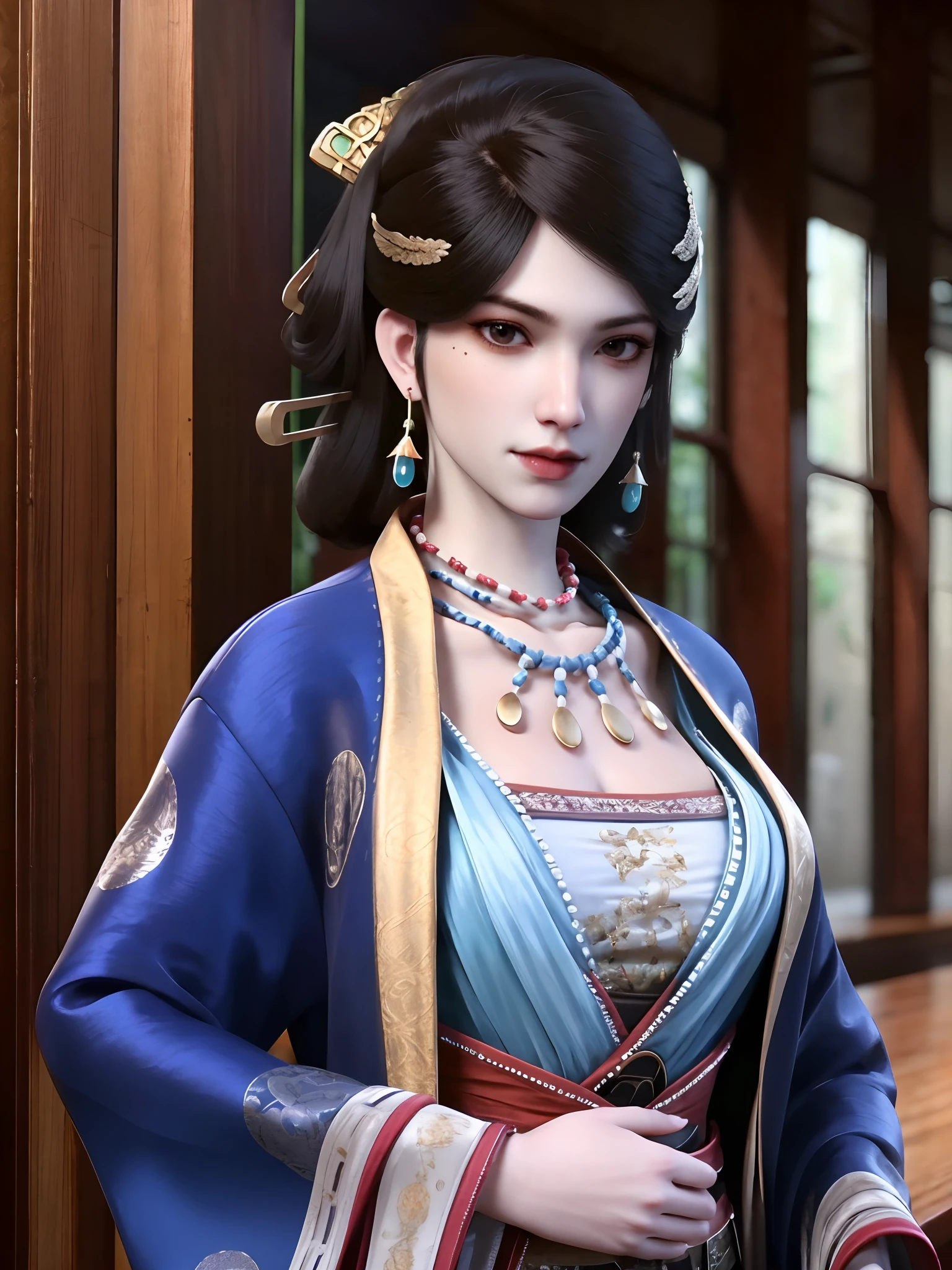 <lora:wenluoyu2>,best quality,highres,realistic,absurdres,masterpiece,4k,1girl,solo,chinese dark blue robe,wenluoyu,jewelry,earrings,necklace,black hair,(hair pin:1.1),(hair stick:1.2),hair ornament,mole under eye,makeup,bracelet,wide sleeves,large breasts,cleavage,bead necklace,narrow waist,(pale skin:1.1),(shiny skin:1.2),shiny clothes,perfect hands,mature female,face light,open robe,looking at viewer,
sunlight,upper body,