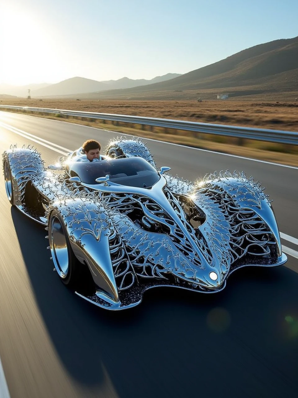 flowsliverexoskeleton,detailed photo artwork of a Futurist car on road