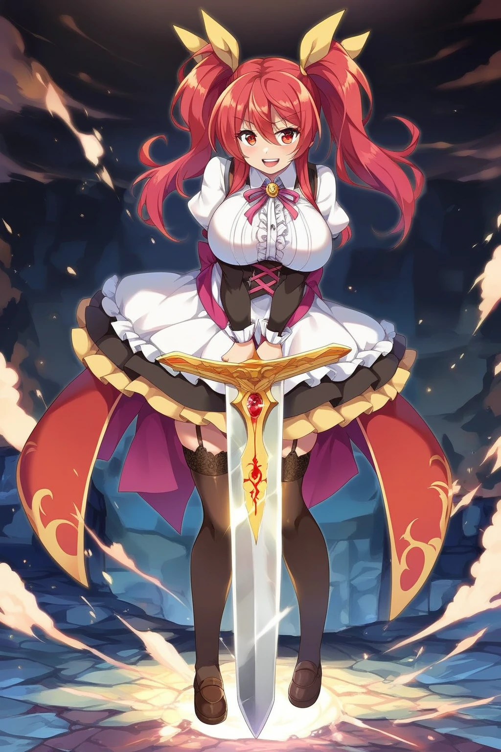 score_9, score_8_up, score_7_up, score_6_up, score_5_up, score_4_up, masterpiece, high quality, BREAK, full body, BREAK, 1girl, BREAK, <lora:Stella Vermillion:0.8> red hair, twin tails, yellow hairpieces, claymore, gigantic sword, broadsword, red eyes, large breasts.