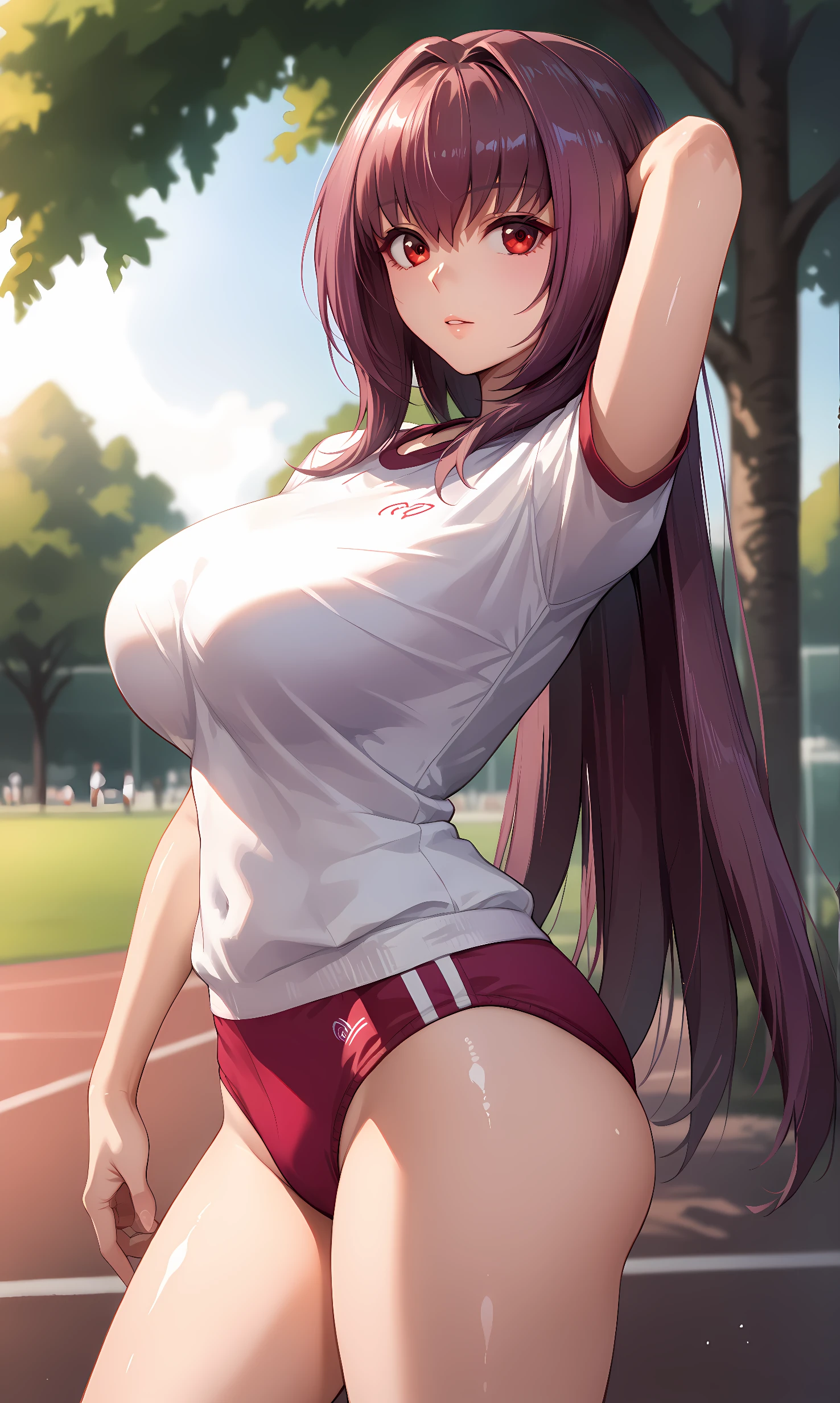 score_9, score_8_up, score_7_up, source_anime, 1girl, solo, outdoors, park, cowboy shot, standing, looking at viewer, shiny skin, scathach, red eyes, purple hair, very long hair, white shirt, short sleeves, gym uniform, buruma, closed mouth, close-up, from side