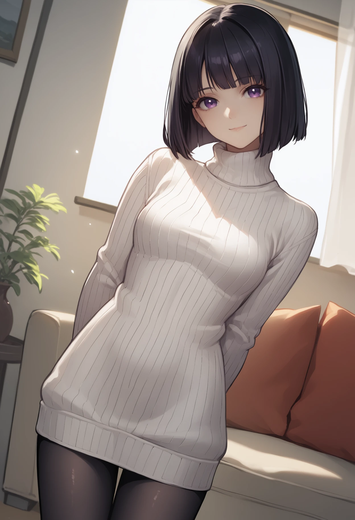 score_9, score_8_up, score_7_up, source_anime, <break> solo, 1girl, sail0rs4turn, light smile, looking at you, standing, arms behind back, short hair, black hair, bob cut, purple eyes, white sweater, sweater dress, ribbed sweater, turtleneck, black pantyhose, indoors, living room
<segment:yolo-face_yolov8m.pt,0.4,0.5//cid=1>