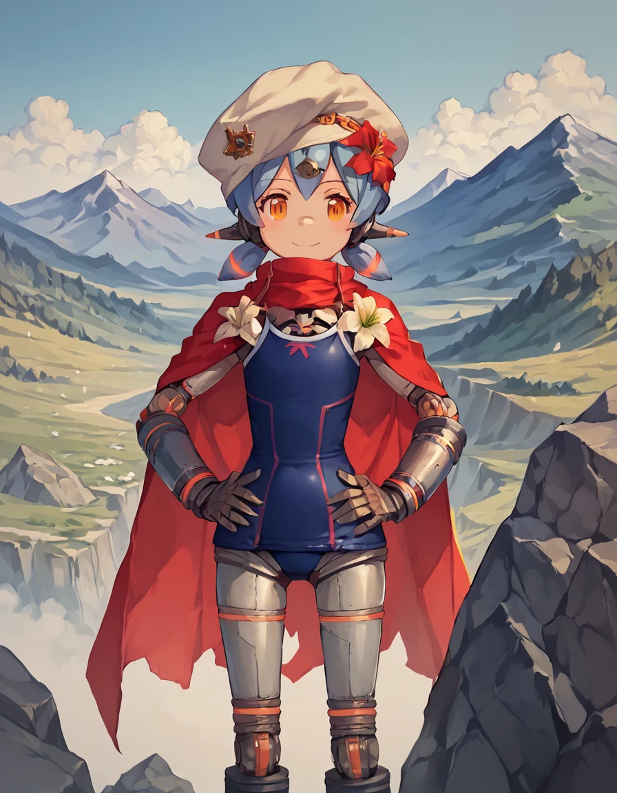 score_9, score_8_up, score_7_up, score_6_up, masterpiece, 
 poppi, school swimsuit, 
broad smile, 
cape, scarf, flower ornament, hat, standing, hands on hips, 
mountain, rocks, 
 <lora:poppi_alpha_xenoblade_2-000010:1>