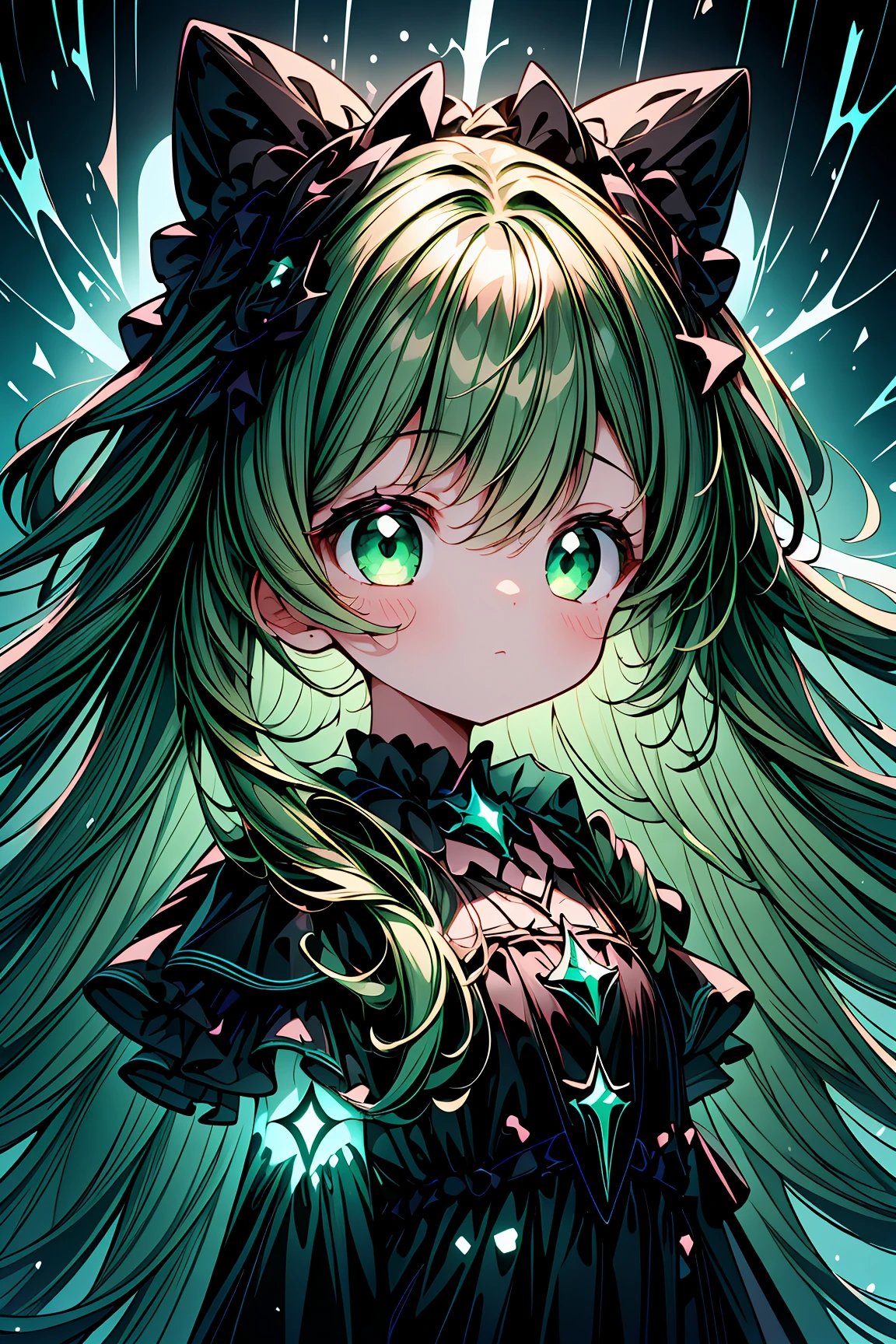 (dark green and black theme:1.5),<lora:ZenAbstract-V1:0.7>,(exceptional, best aesthetic, new, newest, best quality, masterpiece, extremely detailed, anime:1.2),1girl,solo,((Detailed)), ((Masterpiece)), ((Impressive)), ((Elegant)), ((Mind-blowing)), ((Phenomenal)), anime, Shojo, Romance, Drama, digital artwork, Digital masterpiece, Digital masterpiece, Digital illustration, neon light, Neon illumination, Electrifying light, Vibrant glow, 35mm, Panoramic view,Illustration,Cover,enigmatic figure,draped in translucent fabric,crystals adorning hair,dreamlike swirl,pastel hues,soft light,evoking calm serenity and elusive beauty,Non-representational,colors and shapes,expression of feelings,imaginative,highly detailed