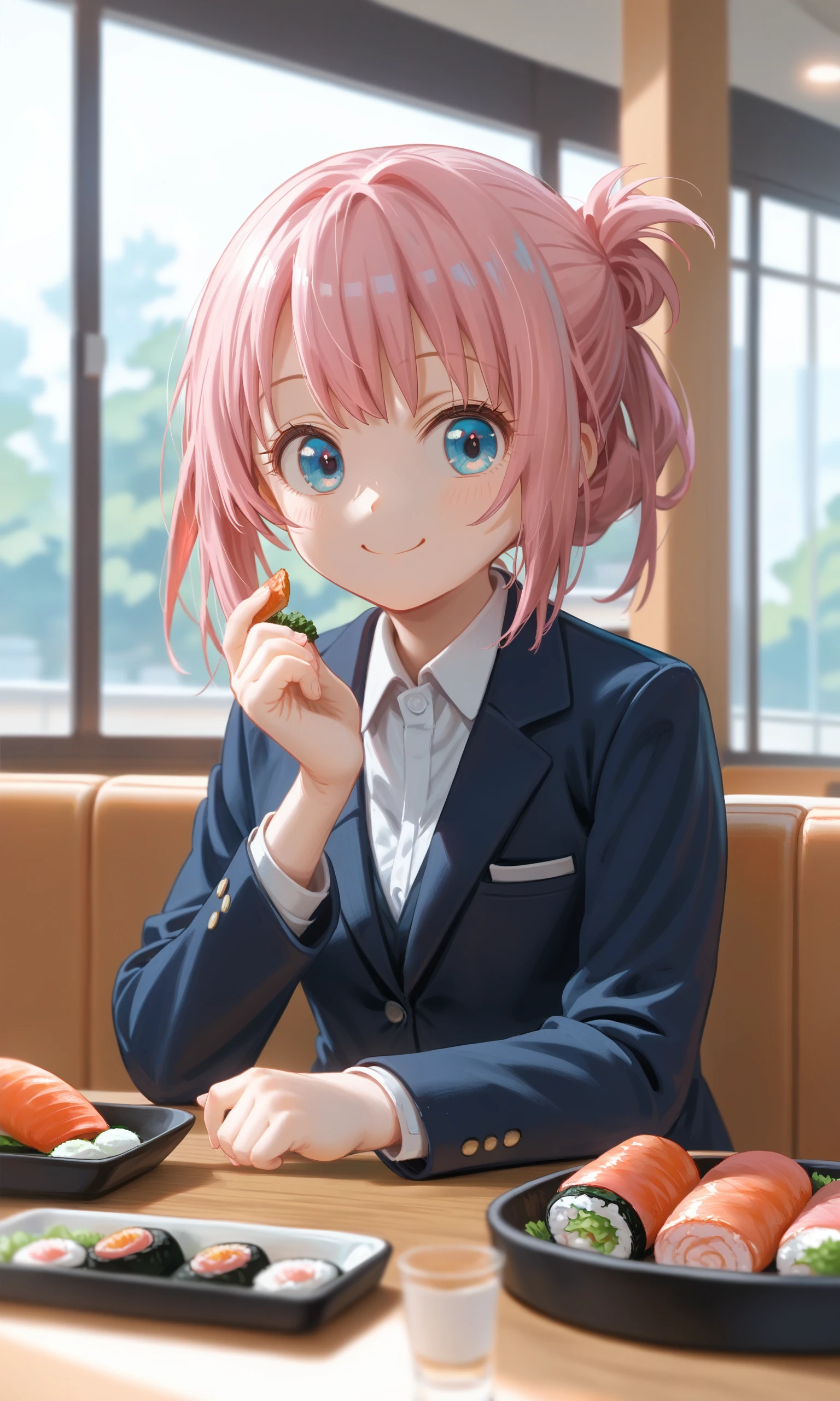 score_9,score_8_up,score_7_up,source_anime,
,1girl,solo,Furuhashi Suzuna,Suzuna's business suit,solo,looking at viewer,smile,head on hand,depth of field,indoors,restaurant,coach,window,(food),(sushi),(table),