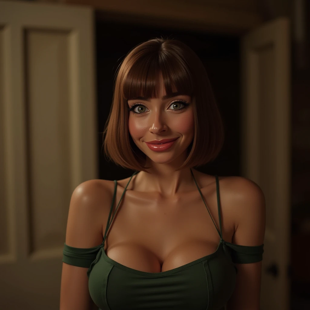 cinematic film still of  <lora:marie_tyf v1:0.5> realism:1, hyperrealism:1, bob cut brown hair style
marie_tyf a smiling cute big eyes woman with big breasts posing for the camera, shallow depth of field, vignette, highly detailed, high budget, bokeh, cinemascope, moody, epic, gorgeous, film grain, grainy