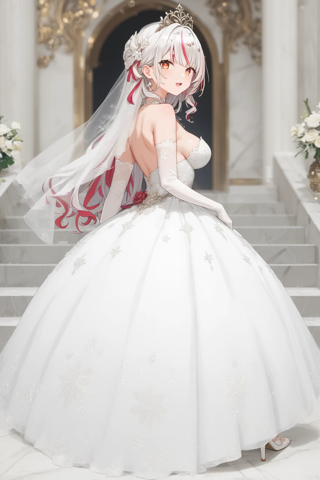 score_9,score_8_up,score_7_up,source_anime,high res image,masterpiece,best quality,cute face,clear skin,shiny hair,ultra detailed eyes,<lora:Xuanxiaozhi:0.6>,xiaozhi,1girl,gloves,solo,dress,white gloves,crown,multicolored hair,red hair,looking at viewer,streaked hair,elbow gloves,virtual youtuber,open mouth,white hair,breasts,xiaozhi,<lora:wedding dress_pony_V1.1:0.85>,wedding dress,stiletto_heels,white pantyhose,from back,