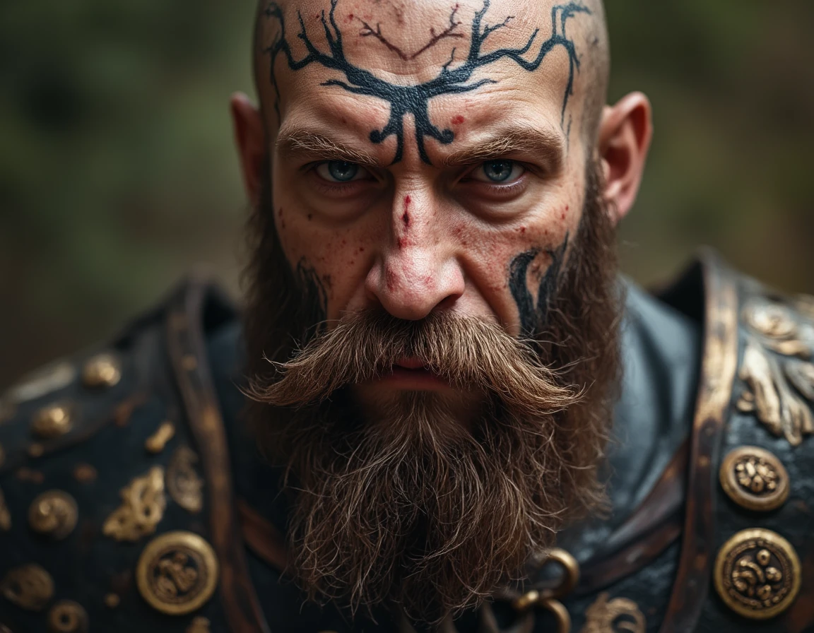 face of a old warrior, gold rings are interwoven in his beard, wrathful eyes, yggdrasil tattoo, armor, battle, blood