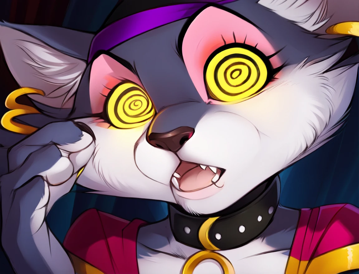 msfortune, female, cat, collar, bandana, yellow sclera, ring piercing, dress, makeup, claws, close-up, surprise, spiral eyes, , by iskra, <lora:MsFortune_03-YiffyMix-nd064-ep26:1>