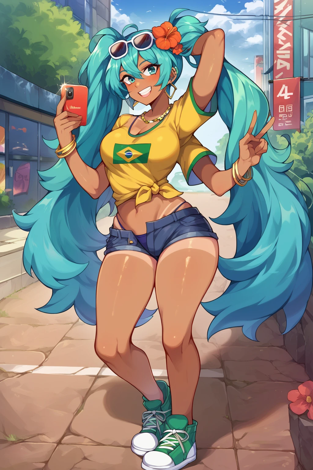 score_9, score_8_up, score_7_up, score_6_up, score_5_up, score_4_up, masterpiece, high quality, BREAK, full body, BREAK, 1girl,   <lora:Brazilian Miku:0.8> aqua hair, sunglasses on head, flower in hair, yellow shirt, brazil flag on shirt, denim shorts, booty shorts, tanned, 1girl, hatsune miku, <lora:MultipleArms:0.9> multiple arms, extra arms,