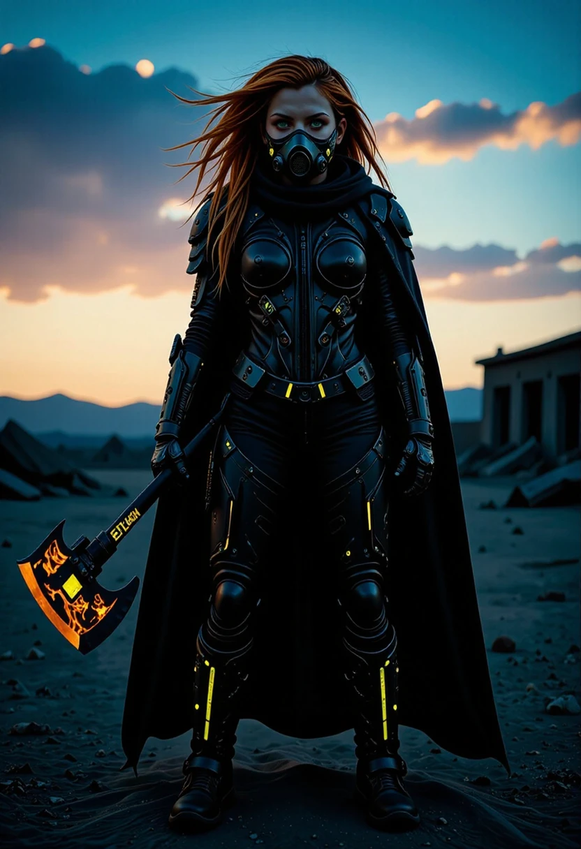 Amidst the ruins of a post-apocalyptic wasteland at twilight, a determined and confident female cybernetic Vikingpunk warrior with mechanical arms stands tall, her advanced exosuit glowing with bioluminescent flames. The wind catches her long fiery hair, framing her determined expression and green eyes. She wields a futuristic bioluminescent battleaxe, ready for any challenge. The desolate landscape, barren and dry, serves as a backdrop to her formidable presence. With a futuristic rebreather mask covering part of her face, she embodies the fusion of ancient Viking culture and cutting-edge technology, leaving a lasting impression of strength and resilience in this harsh environment.   <lora:art and styles/Glowing_bioluminescent_world_for_Flux_-_by_Ethanar:0.3>, glowing, outdoors   <lora:scifi/dvr-transformers-flux:0.8>,