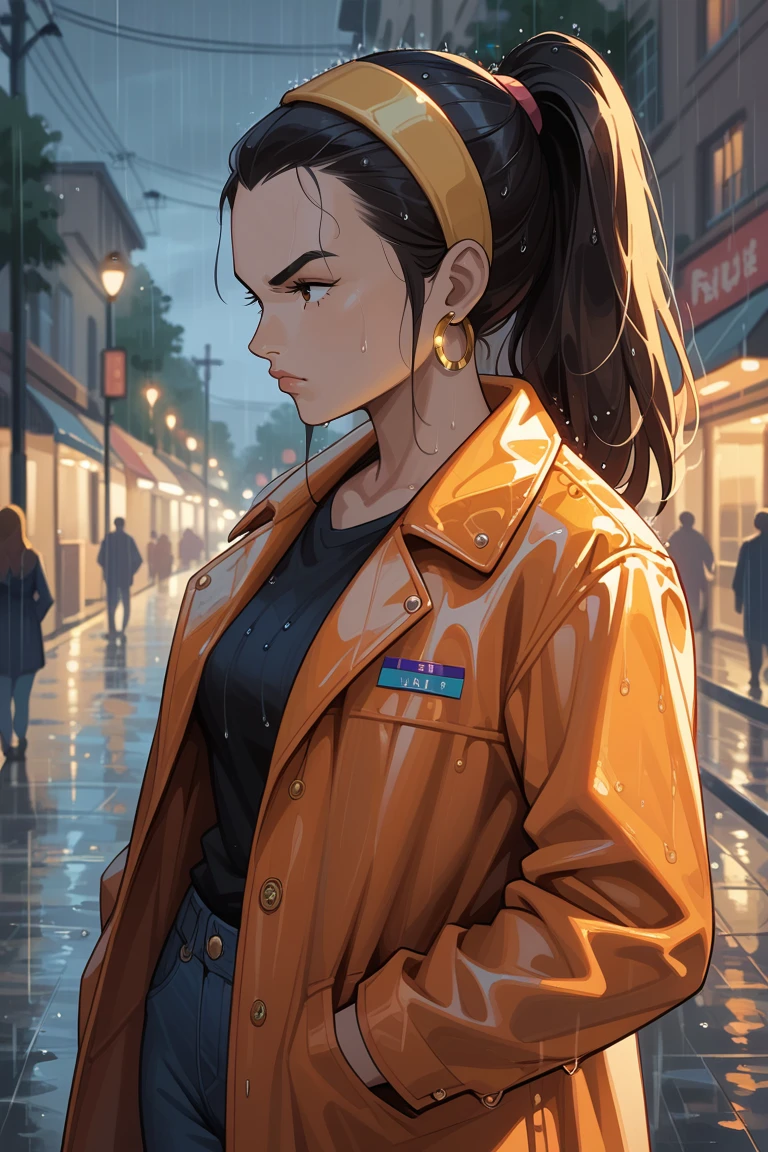 score_9, score_8_up, score_7_up, source_anime rating_explicit, evening, natural lighting, raining, female focus, looking away, solo, hands in pocket, ElizabethCL, gold_Elizabeth_earrings, black_Elizabeth_female hair, black_Elizabeth_eyes, yellow_Elizabeth_hairband, ponytail, rain coat, jeans, closed mouth, serious, 1girl, blurry outdoors street, intricately detailed illustration, depth of field, atmospheric perspective, scenery, orange theme, selective coloring