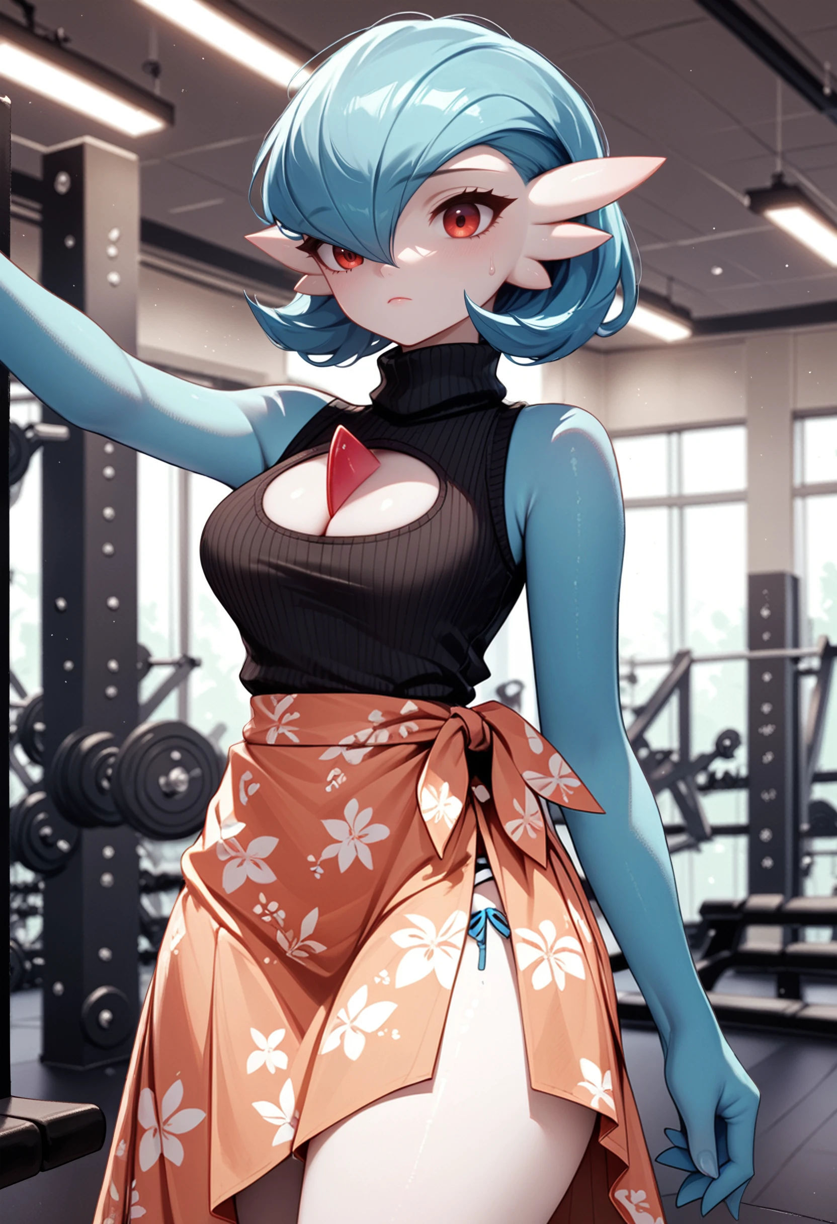 zPDXL3, score_9, score_8_up, score_7_up, score_6_up, score_5_up, score_4_up, 
1girl, solo, medium breasts, thick thighs, skindentation, 
expressionless, outstretched arm,
sleeveless turtleneck, sarong,
gym,
<lora:Pkmn - Shiny Gardevior v1:1> pkshigar, cleavage cutout, blue hair,