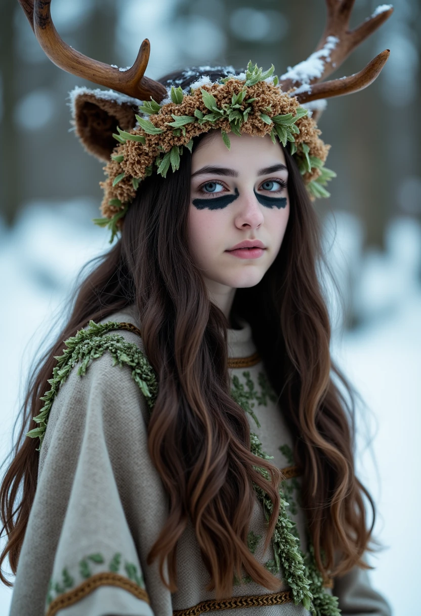 A young shaman woman, plant outfit, wearing antlers, snow, black makeup around the eyes 