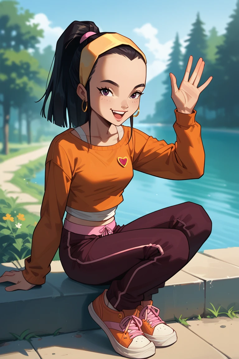 score_9, score_8_up, score_7_up, source_anime rating_safe, day, natural lighting, female focus, sitting, full body, looking at viewer, smiling, waving, ElizabethCL, gold_Elizabeth_earrings, black_Elizabeth_female hair, black_Elizabeth_eyes, yellow_Elizabeth_hairband, ponytail, orange-white_Elizabeth_midriff, heart logo, pink-dark purple_Elizabeth_burgundy pants, shoes, happy, 1girl, blurry outdoors, intricately detailed illustration, depth of field, atmospheric perspective, scenery