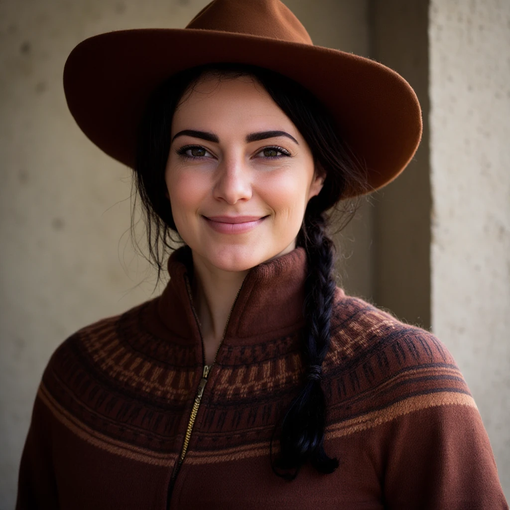 UHD, 4k, ultra detailed, cinematic, a photograph of  <lora:hon3y2 v1:1>
hon3y2 a woman wearing a western hat and a sweater, perfect image, perfect body, perfect anatomy, sharp image, detailed image, Kodak film, high quality photography, hon3y2 style, solo, long hair, looking at viewer, smile, black hair, hat, brown eyes, upper body, braid, lips, brown headwear, fringe trim, closed mouth, hair over shoulder, head tilt, portrait, cowboy hat, poncho, cowboy western, epic, beautiful lighting, inpsiring