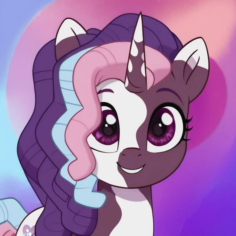 score_9, score_8_up, score_7_up, score_6_up, score_5_up,with beautiful, detailed, (detailed cute pony face), detailed eyes, detailed fur, beautiful, vector, flat colors, (abstract background: 1.8), (looking at you, looking at viewer: 1.5), cute smile, happy, ((close-up)), wide angle
 <lora:Violette_Rainbow:1>Violette_Rainbow pony, unicorn, body Brown and white, solo,
<lora:Wholesome_MLP-v1.2:1> <lora:OtherStyle_01:1> <lora:mlp_g5 (1):1>