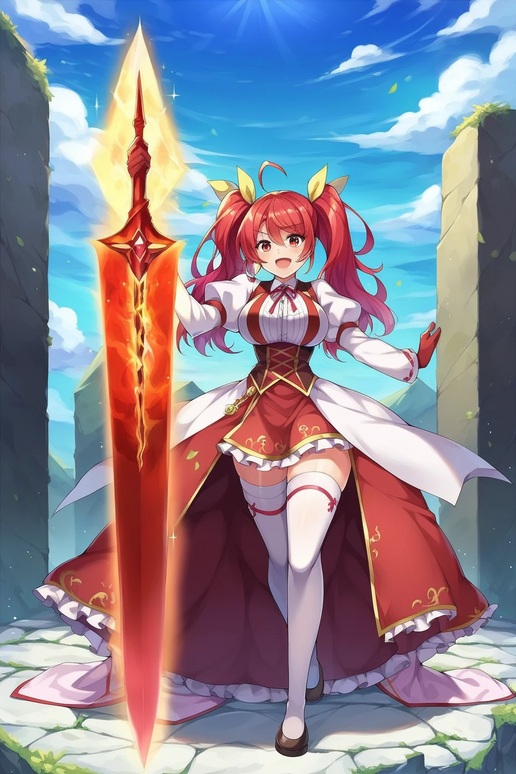 score_9, score_8_up, score_7_up, score_6_up, score_5_up, score_4_up, masterpiece, high quality, BREAK, full body, BREAK, 1girl, BREAK, <lora:Stella Vermillion:0.8> red hair, twin tails, yellow hairpieces, claymore, gigantic sword, broadsword, red eyes, large breasts.