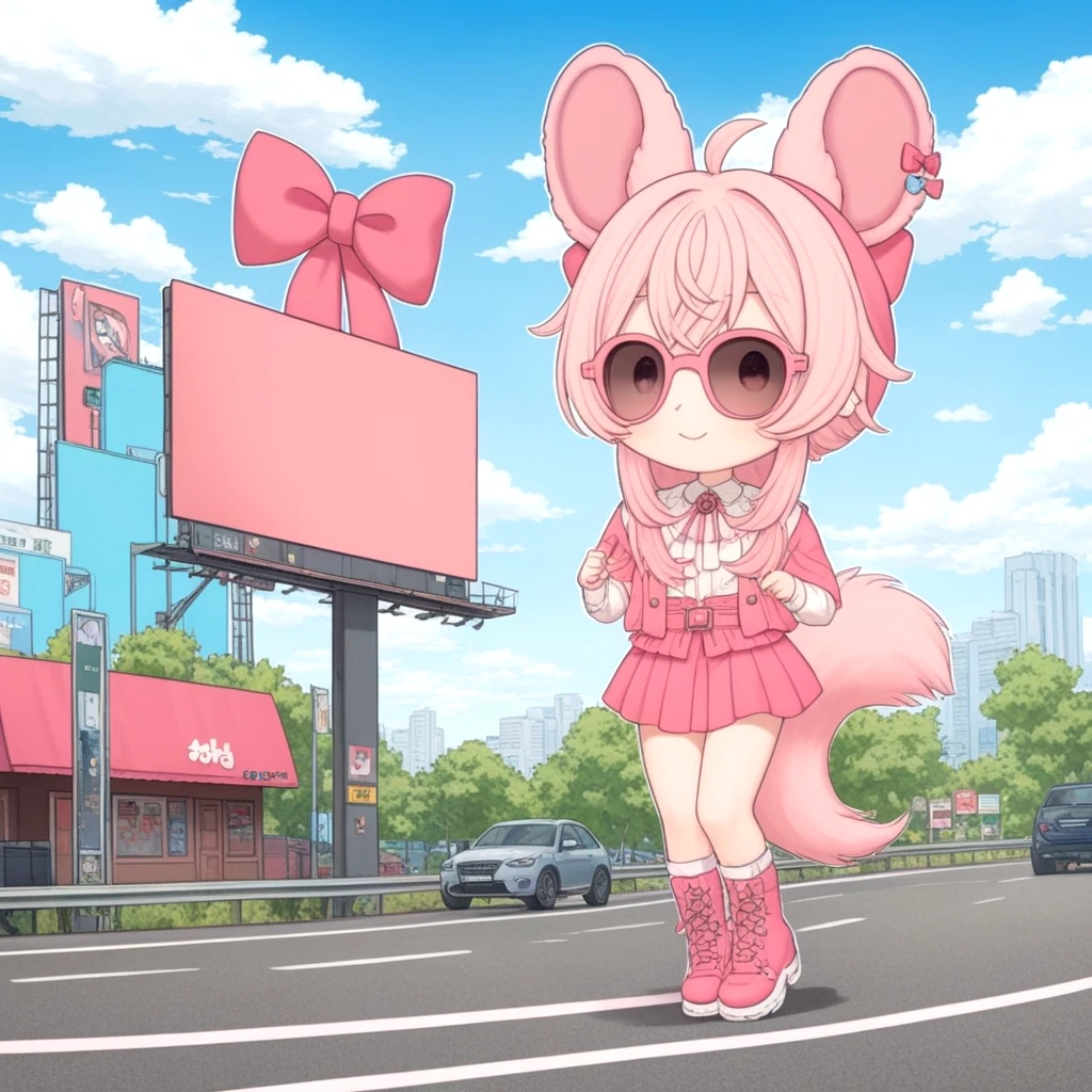 pipchilla, animal ears, bow, long hair, pink bow, (pink hair), shirt, solo, virtual youtuber, 
(solo), best quality, shading,
tail, tail raised, billboard, highway, 
 <lora:PIPCHILLA-XL-t1:0.6>,