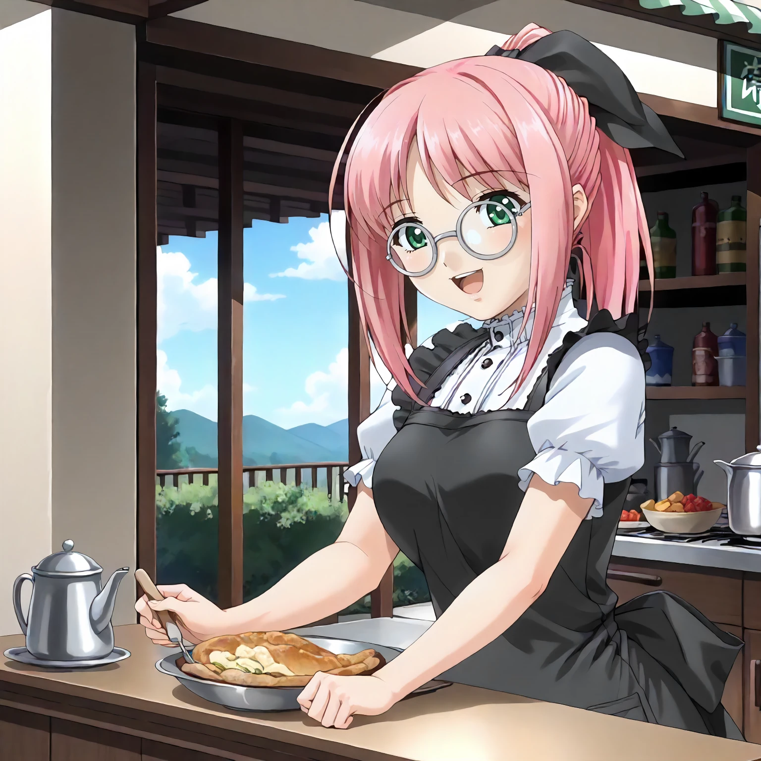 <lora:AtB_LurisHanamaruXLpony001>,
outdoors,
smile,open mouth,
solo,
LurisHanamaru,1girl,pink hair,ponytail,hairbow,green eyes,eyewear,
apron dress,black apron,short_sleeves,
black skirt,