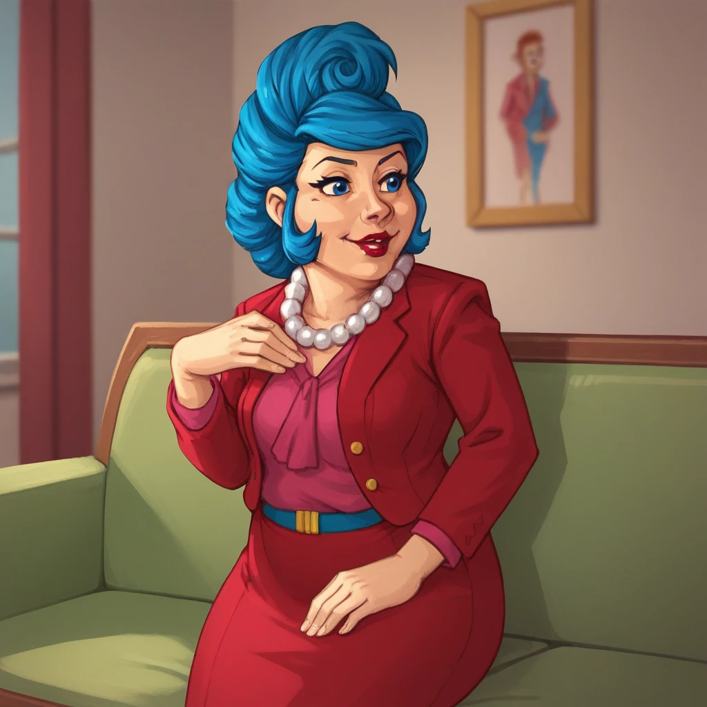 score_9_up, score_8_up, BREAK, BessieBusybody, 1girl, solo, blue hair, blue eyes, lipstick, pearl necklace, red suit, pink shirt, pencil skirt, sitting on couch, <lora:BessieBusybody_LazyTown_PXL_Leaf1:0.8>, depth of field, indoors,