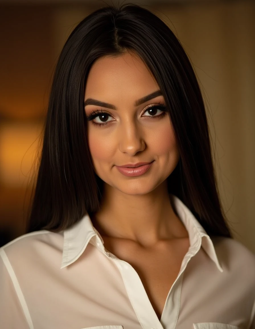 eliiba wearing a classic blouse, her expression calm and serene. The soft glow of the lighting highlights her features, with a warm-toned studio setting providing a subtle, comforting backdrop.<lora:eliza-ibarra:1.0>