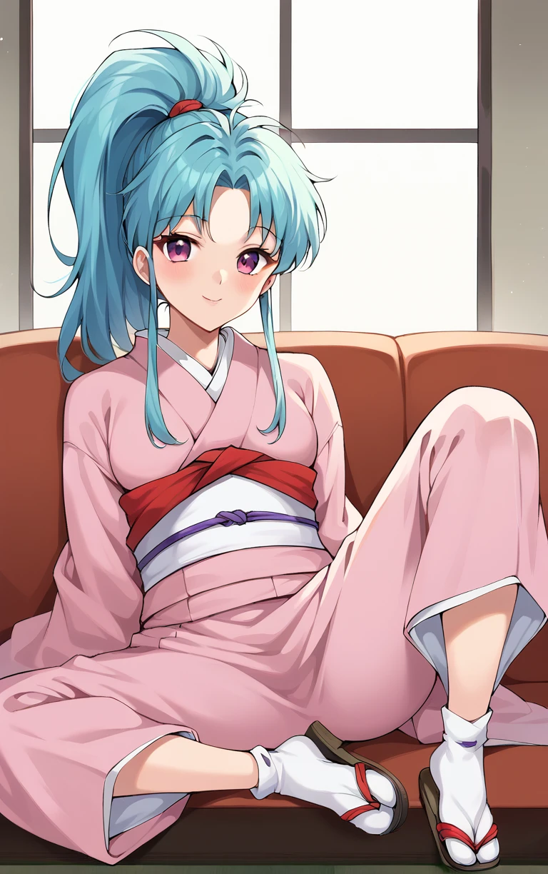 score_9, score_8_up, score_7_up, looking at viewer,  BREAK
MainOutfit_Botan_ownwaifu, 
1girl, aqua hair, blue hair, high ponytail, pink eyes, spiked hair, long hair, sidelocks, bangs, parted bangs, colored skin
pink kimono, sleeves past wrists, japanese clothes, obi, sash, long sleeves, tabi, wide sleeves, sleeves past fingers,
(sitting, spread legs), arms behind back, couch, window shade, indoors, <lora:PONYXL_YuYuHakusho_Botan_ownwaifu:0.95> , depth of field, solo,