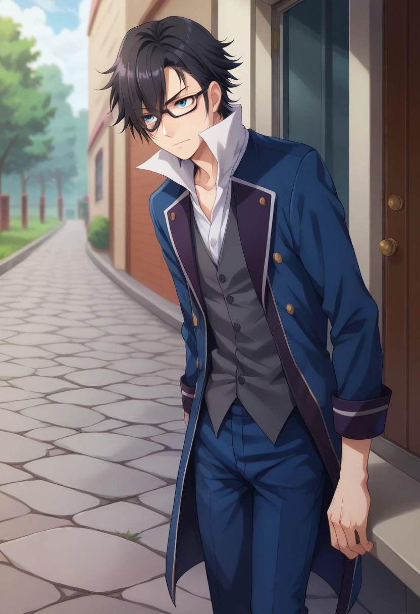 score_9, score_8_up, score_7_up, source_anime, highly detailed, 

saruhiko, 1boy, male focus, solo, black hair, hair over one eye, blue eyes, glasses, shirt, white shirt, high collar, vest, jacket, blue jacket, coat, pants, blue pants,

outdoor,