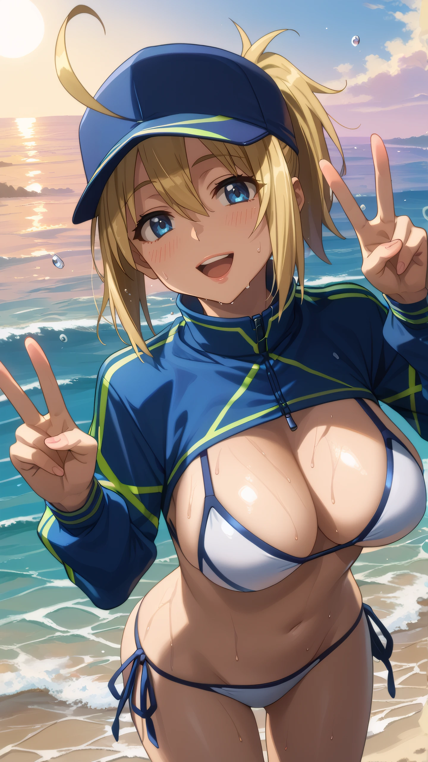 masterpiece,(ultra-detailed),1girl, mysterious heroine xx \(fate\), smile,open mouth, shrug, blue jacket, thigh strap, large_breasts, ocean, splashing, blonde_ponytail, ahoge, open_legs, 1girl, 18 year old female, Fate Grand/Order, anime style, ultra realistic, high detail, sexy pose, sexy, beautiful, exposed skin, slender, skinny, exposed breast, breast, nipples, nude, nudity, absurdres, high res, ultrasharp, 8K, UHD, retina, masterpiece, accurate, anatomically correct, perfect anatomy, textured skin, super detail, high details, high quality, award winning, best quality, high res, looking at viewer, detailed eyes, four fingers and one thumb per hand, perfect hands, perfect finger, two arms only, no clothes, revealing, blonde hair, blue eyes