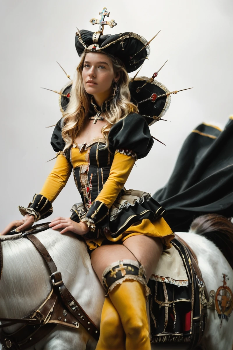 hires digital photo, photorealism, simple white background, upper body, from side, 3m@nn3u3lle, on horseback, riding a white horse, sideways, (cross-legged:1.2), black strapless dress with black and yellow detached puffy sleeves, crown, high collar cloak, ruff, yellow thighhighs <lora:EmmanuelleVonLiebwitzV3PonyXL:0.8>, PonyXL_Scores, intricate details, high resolution,