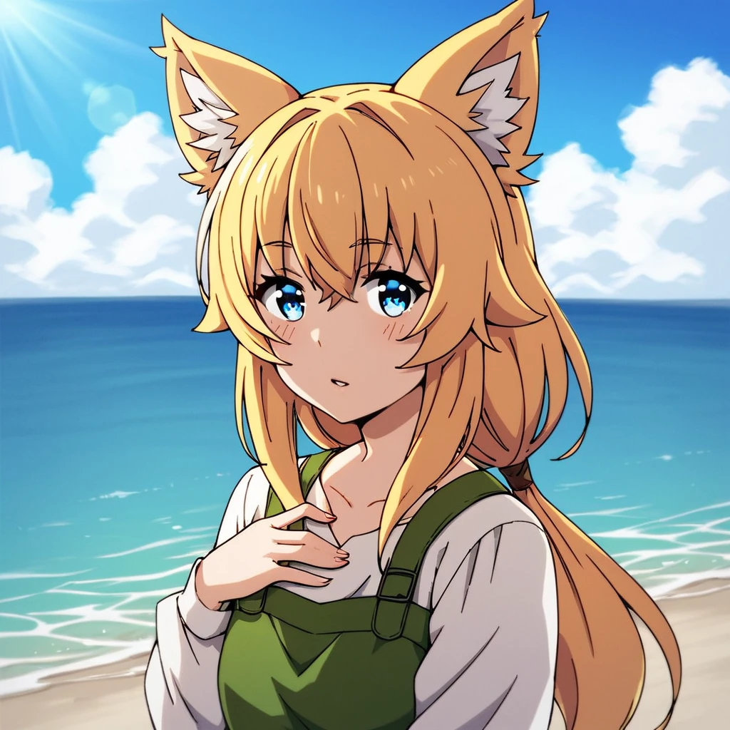 score_9, score_8_up, score_7_up, score_6_up, score_5_up, score_4_up, 1girl, solo, amako, buttons, blue eyes, blonde hair, low ponytail, fox ears, green dress, puffy sleeves, long sleeves, white shirt, apron, head_tilt, brown buttons, outdoors, white sleeves, v-neck, hand on own chest, from side, ocean, windy
