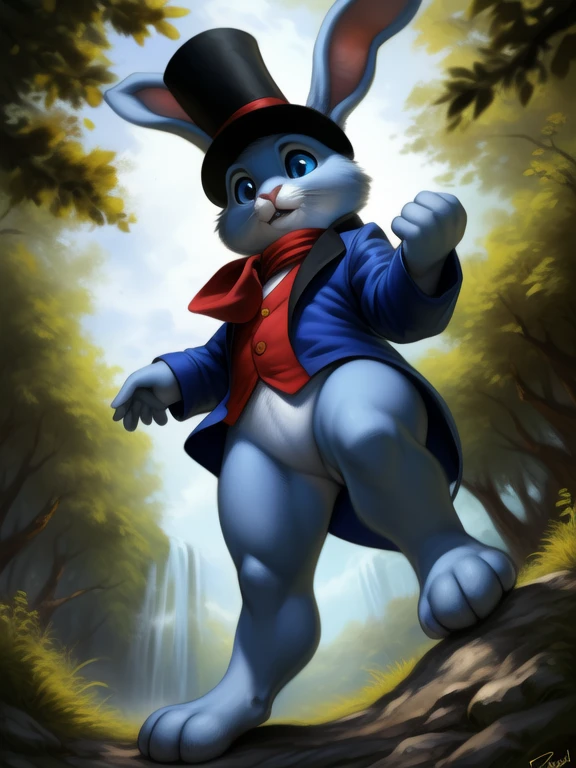 <lora:ArtfulDodgerBunYif:0.8>  ArtfulDodgerBun, bunny, (white sclera, Blue eyes, light blue fur, hat top hat, red shirt, blue jacket, blue scarf,)( chibi, small body,)
Looks at the viewer, [ solo, nature, forest, day, clouds, waterfall, nude, naced,]   ( worm's-eye view, looking down,  ass,   standing , looking down at viewer, low-angle view, )
beautiful, aesthetic, perfect, delicate, intricate, saturated colors, masterpiece, digital drawing, best quality,  
by Personalami, by Honovy, by Thebigslick, by Taran Fiddler