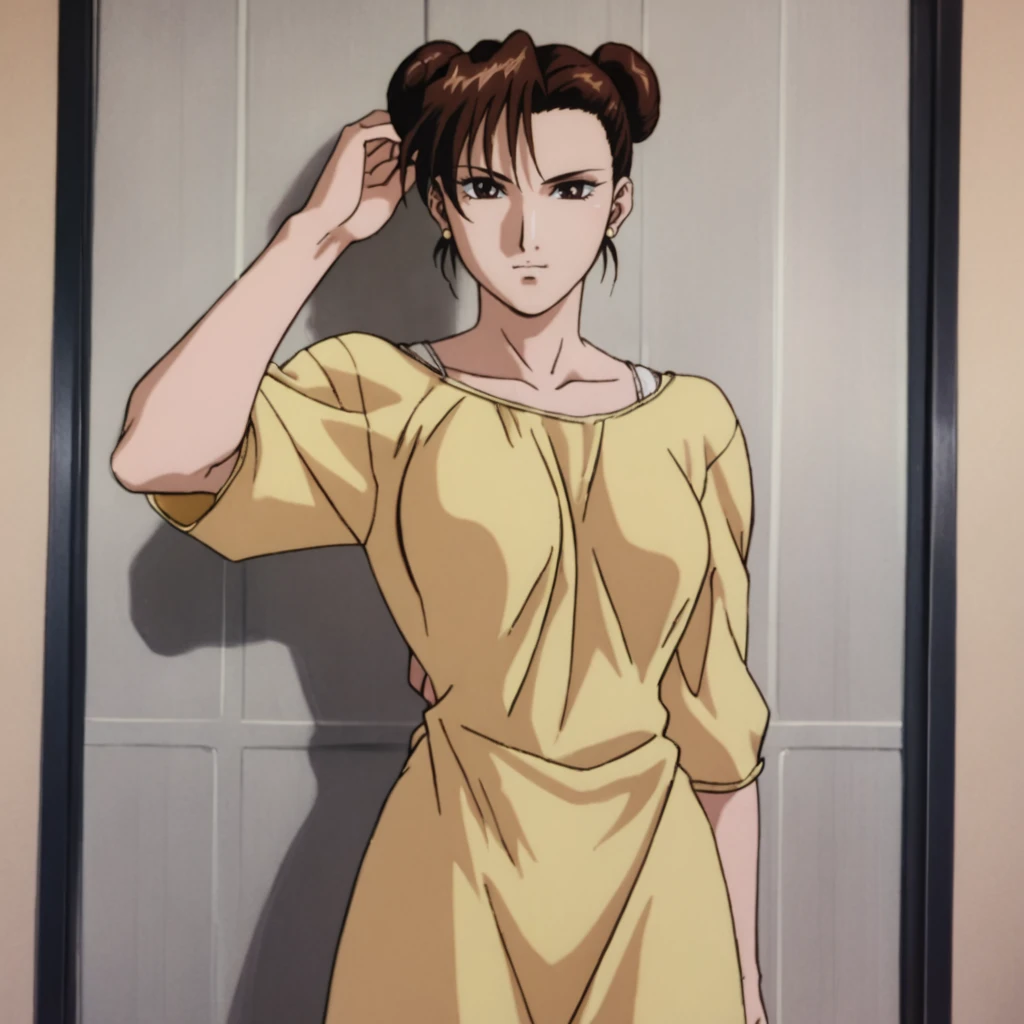 <lora:chunlistreetfighter2animatedmovie_pony_v1:.8>  ChunLiMovieBedroom, 1girl, double bun, hair bun, brown hair, retro artstyle, 1990s (style), brown eyes, yellow dress, short hair, earrings, cowboy shot