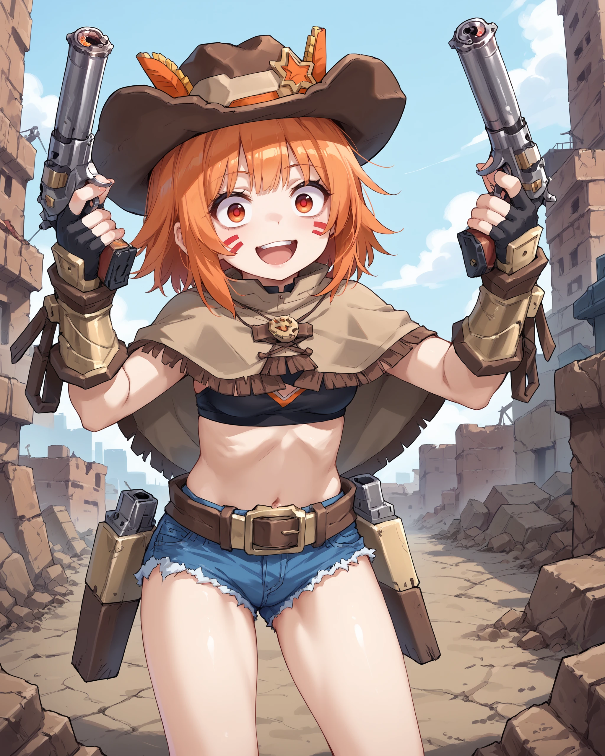 score_9, score_8_up, score_7_up, source_anime,
<lora:conycheriff_v0.2:0.9>, 1girl, solo, conycheriff, short hair, orange hair, orange eyes, red facial marking, cowboy hat, black bandeau, brown capelet, fringe trim, bracers, fingerless gloves, denim shorts, belt, cutoff, <lora:DanielRadcliffeHoldingTwoGunsMeme_pdxl_Incrs_v1:0.7> gun, revolver, holding guns, dual wielding, finger on trigger, smile, open mouth, crazy eyes, city ruins background, close-up shot,