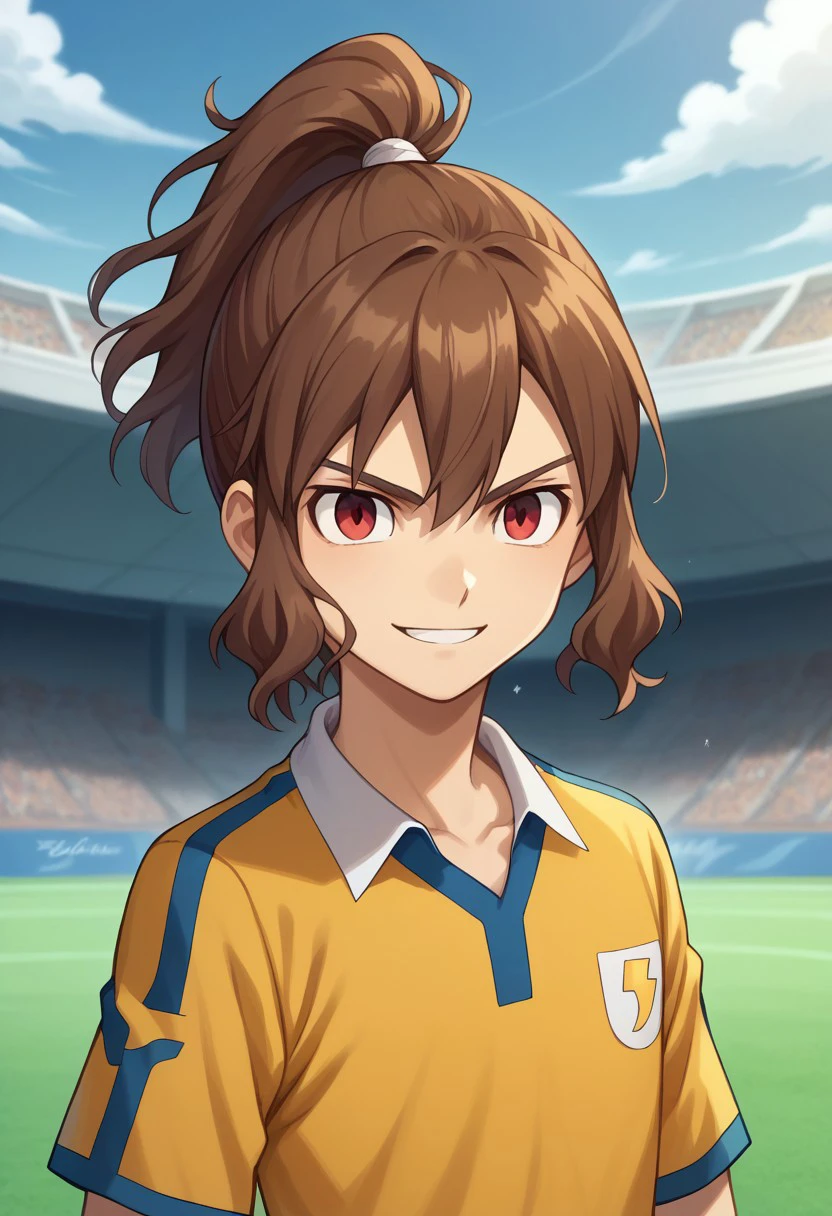 score_9, score_8_up, score_7_up, source_anime, highly detailed, 

takuma, 
1boy, male focus, solo, brown hair, high ponytail, red eyes, sportwear, soccer uniform, raimon soccer uniform, raimon, smile, determined,

outdoor, 