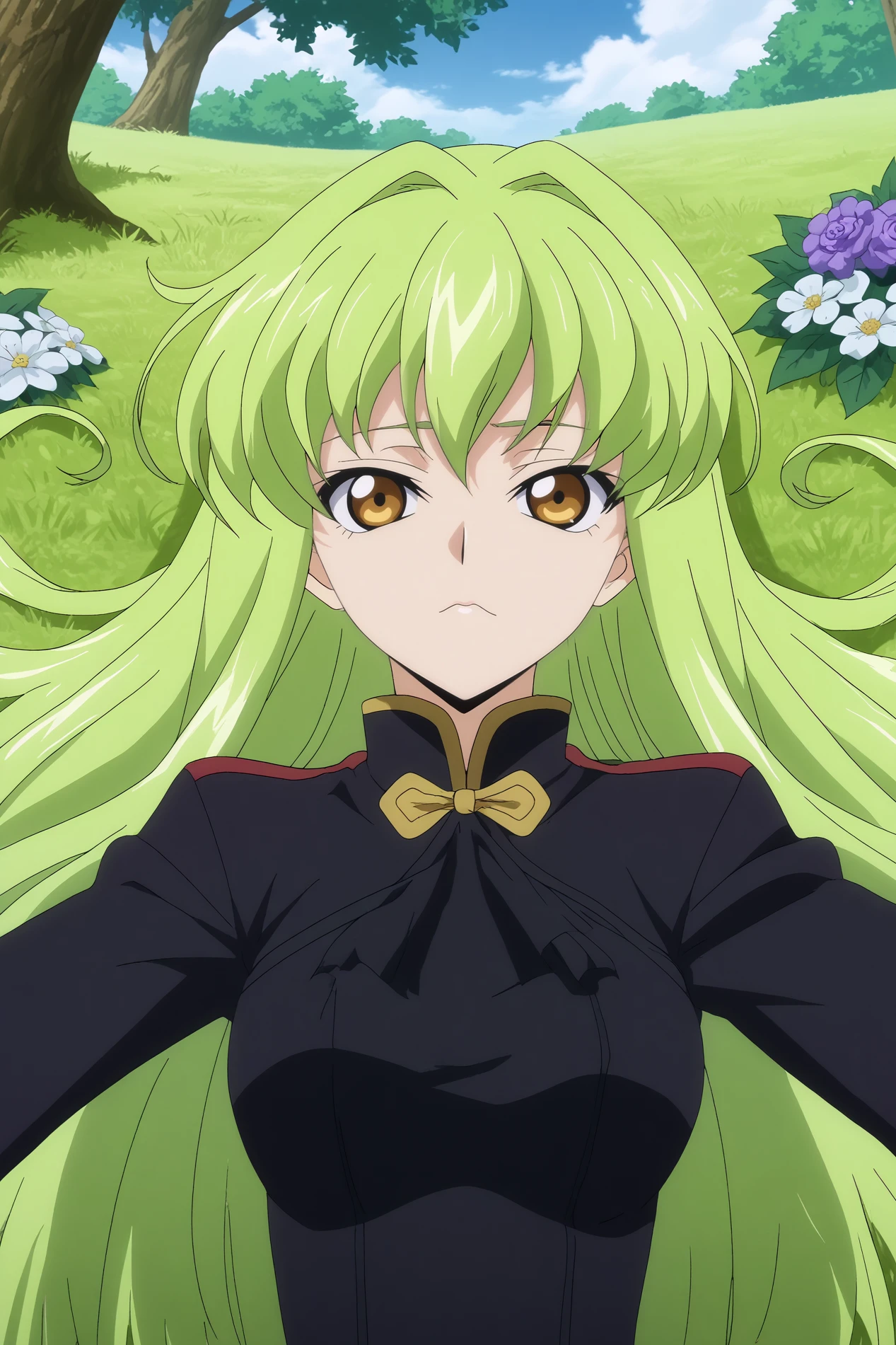  c.c,1girl,solo,mature,light green hair,long hair,bangs,looking at viewer,closed mouth,Black Knights uniform,very long hair,upper body BREAK outdoors,forest,purple tree,blue sky,purple flowers,flowers everywhere,flower_field,   Lying on back with arms stretched above the head,  <lora:C.C_-_Code_Geass.safetensors:0.8>