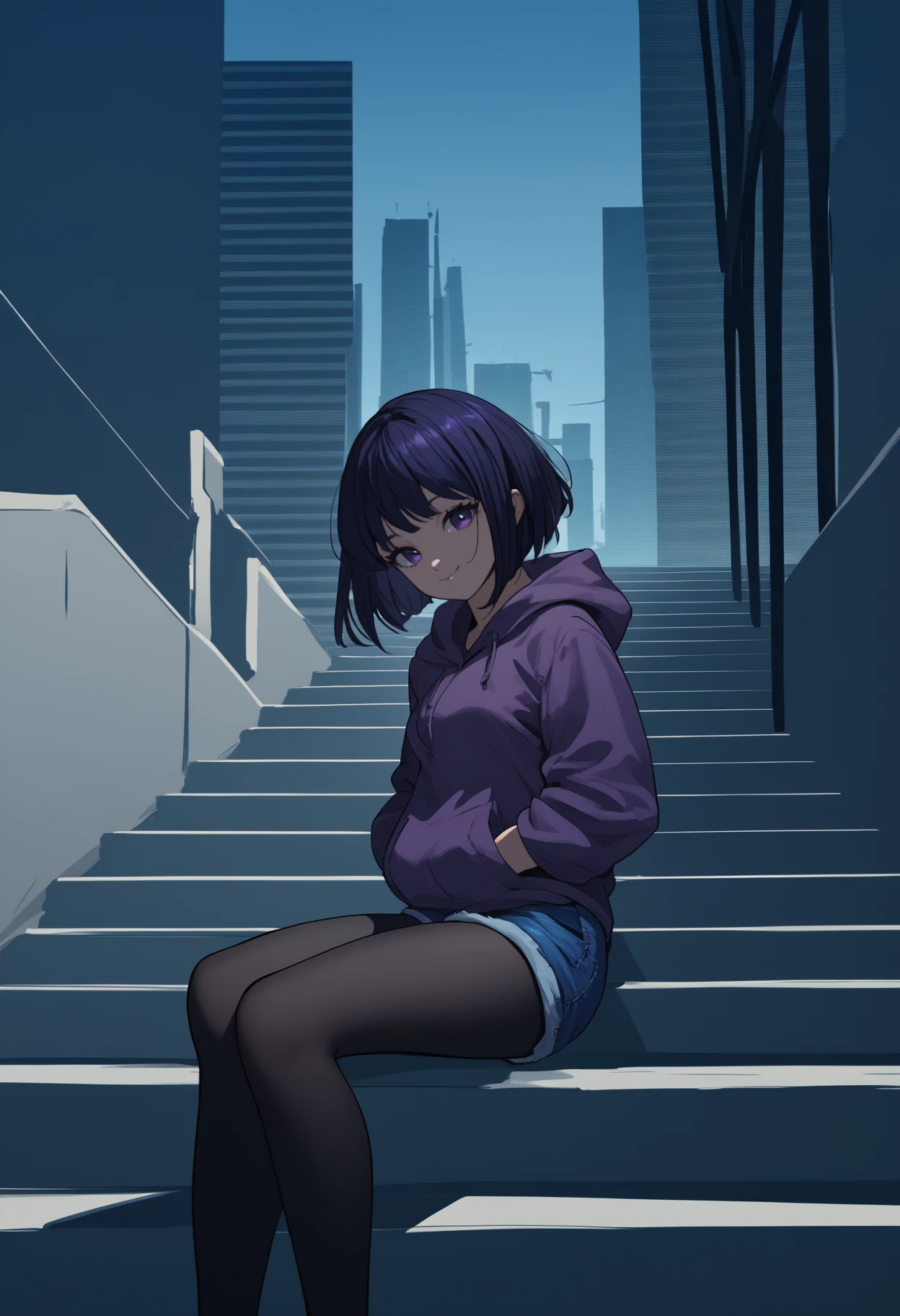 score_9, score_8_up, score_7_up, source_anime, <break> solo, 1girl, sail0rs4turn, light smile, looking at you, sitting, stairs, hands in pockets, short hair, black hair, bob cut, purple eyes, purple hoodie, blue shorts, denim shorts, black pantyhose, outdoors, city
<segment:yolo-face_yolov8m.pt,0.4,0.5//cid=1>