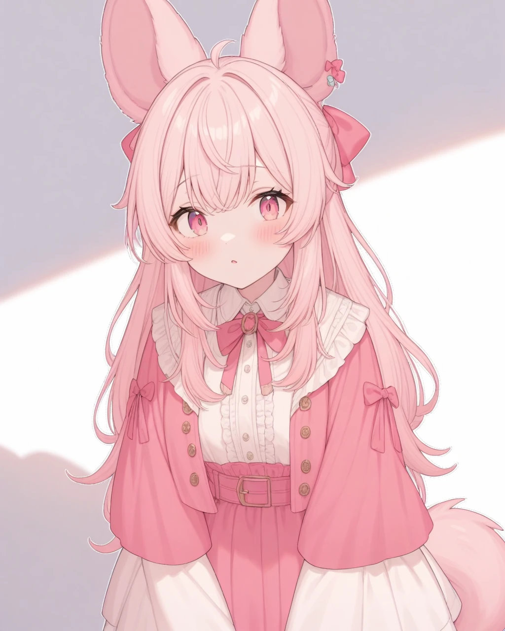 pipchilla, animal ears, bow, long hair, pink bow, (pink hair), shirt, solo, 
(solo), best quality, shading, tail, tail raised,
 <lora:PIPCHILLA-XL-t1:0.6>, masterpiece, best quality, very aesthetic, absurdres