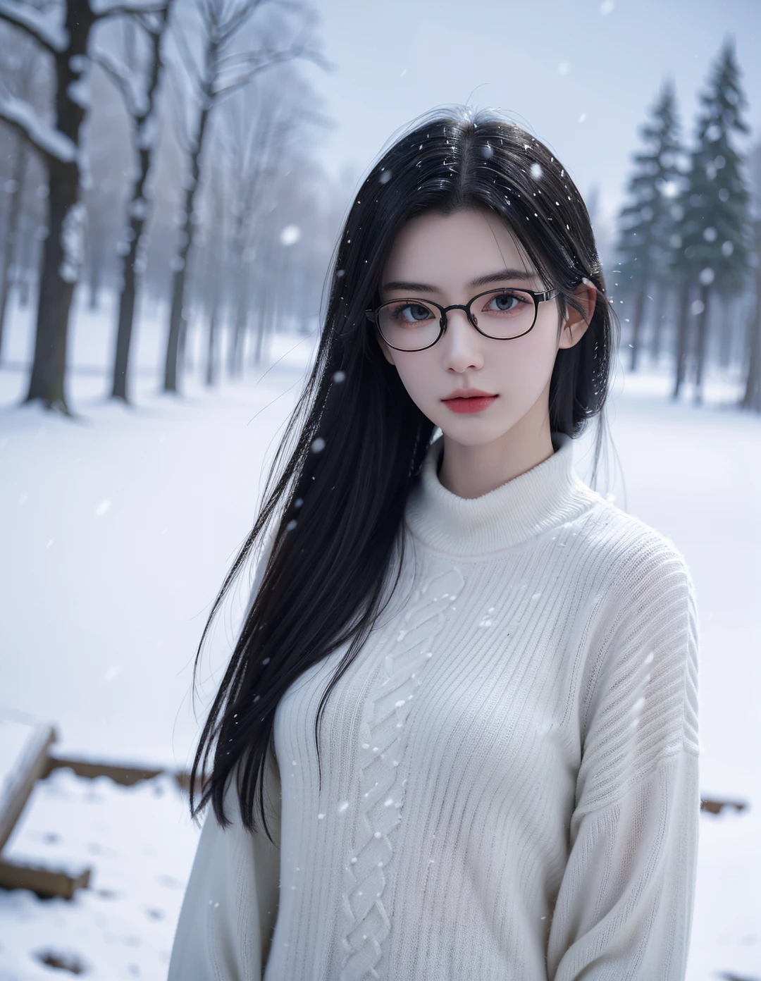 1girl,solo,long hair,((black-framed eyewear)),(white sweater),scarf,looking at viewer,outdoors,(snowing),scenery,(close-up),((blurry)),depth of field,simple background,comic,Highly detailed,(ultra-detailed),(best quality,masterpiece:1.5),<lora:xuner:0.5>,