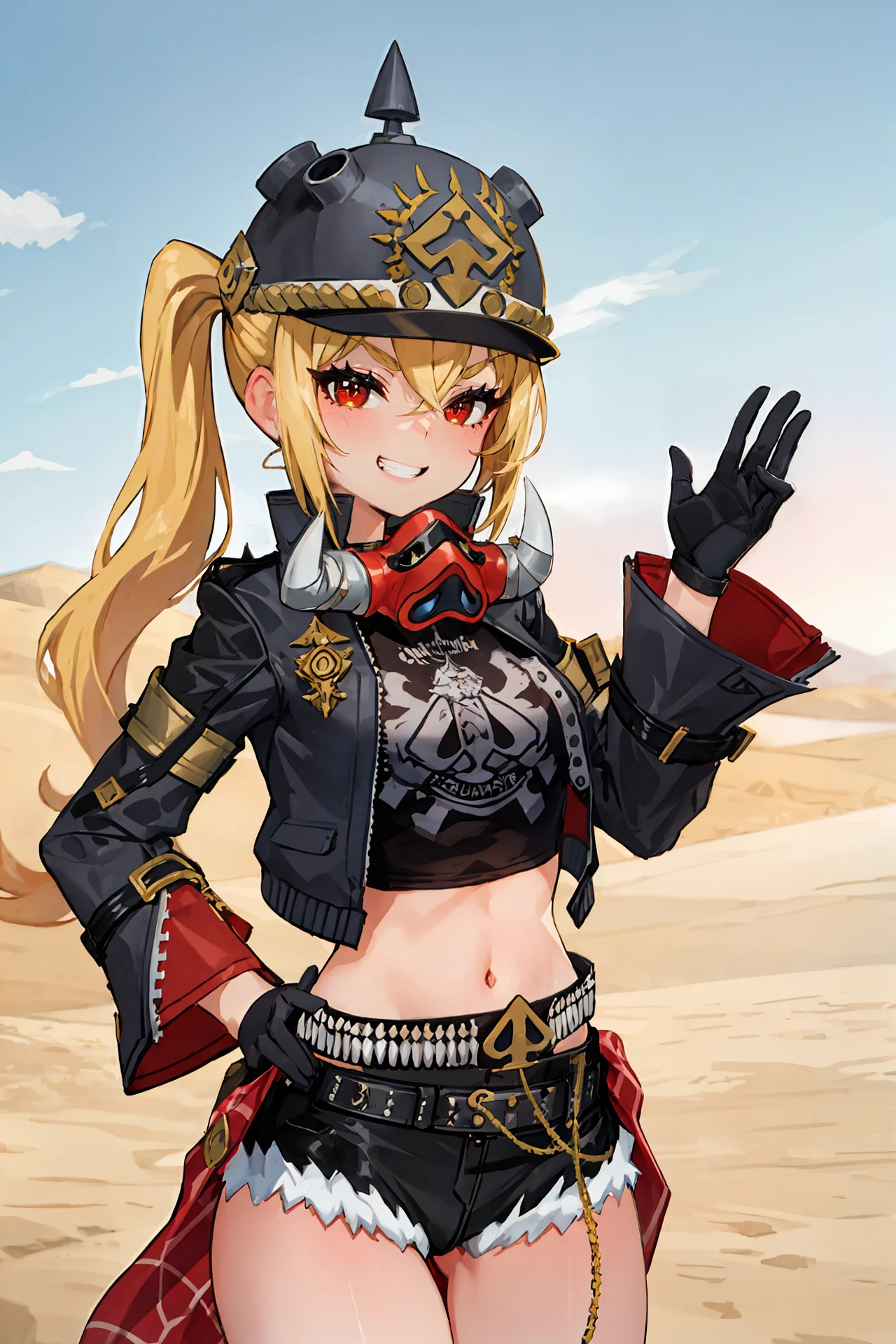 1girl, luciana de montefio, side ponytail, black helmet, cutoffs, half gloves, high belt, cropped jacket, mask around neck, black camisole, sarong, cowboy shot, standing, grin, v-shaped eyebrows, looking at viewer, hand on hip, outdoors, desert