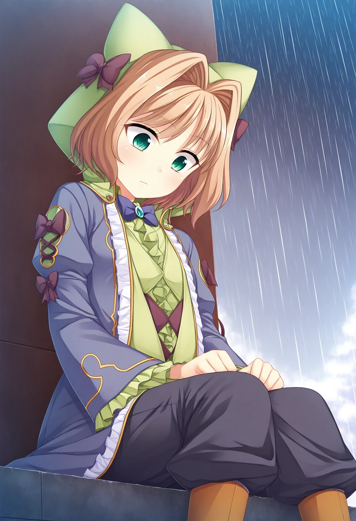 1girl, keifa, solo, green eyes, brown hair, short hair, hair intakes, hat, bow, sitting, shirt, ribbon, coat, blus, looking down, raining, masterpiece, high quality, <lora:char-keifa>