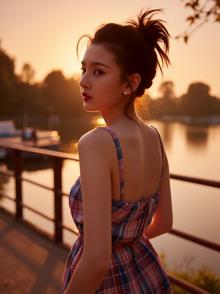 SZE, 
A serene, photorealistic shot of a beautiful woman with light brown hair and black eyes, standing beside a lake as the sun sets, casting a purple sky.additional background details are wooden bridge, steel railing around the lake, tall trees, people fishing on background.  She wears a sundress, with her ample bosom and slim waist perfectly depicted. The tranquil nature scene is illuminated by dramatic lighting, with flawless hands and intricate details.

Detailed fabric textures of her sundress under the light, Soft reflections of light on her skin and hair, Fine details in the stitching of her sundress, Visible sunset rays illuminating her body from behind, Detailed leaf veins in the nearby foliage, Wind-blown leaves in the background, Slightly tousled hair from the breeze

standing on walkway, , facing viewer, 
